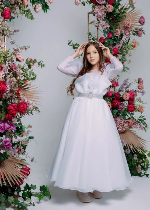 Long Sleeves White Organza V Back Flower Girl Dress